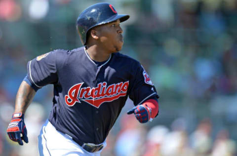 Mar 19, 2017; Goodyear, AZ, USA; Cleveland Indians third baseman Jose Ramirez (11) jogs to first during the first inning against the Arizona Diamondbacks at Goodyear Ballpark. Mandatory Credit: Jake Roth-USA TODAY Sports