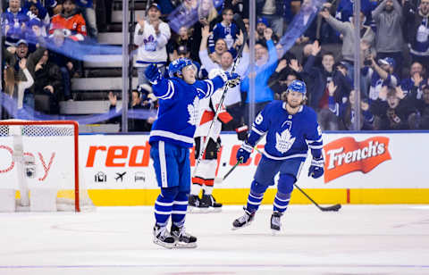 TORONTO, ON – FEBRUARY 1: Mitch Marner #16 of the Toronto Maple Leafs celebrates after scoring the game winning goal against the Ottawa Senators in overtime at the Scotiabank Arena on February 1, 2020 in Toronto, Ontario, Canada. (Photo by Andrew Lahodynskyj/NHLI via Getty Images)