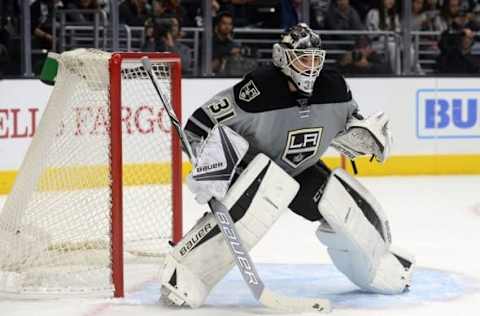 November 5, 2016; Los Angeles, CA, USA; Los Angeles Kings goalie Peter Budaj (31) defends the goal against the Calgary Flames during the first period at Staples Center. Mandatory Credit: Gary A. Vasquez-USA TODAY Sports