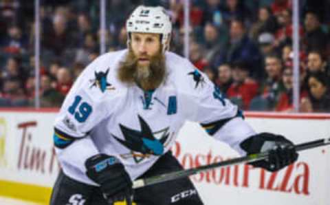 Jan 11, 2017; Calgary, Alberta, CAN; San Jose Sharks center Joe Thornton (19) skates against the Calgary Flames during the second period at Scotiabank Saddledome. Mandatory Credit: Sergei Belski-USA TODAY Sports