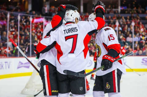 Oct 28, 2016; Calgary, Alberta, CAN; Ottawa Senators center Kyle Turris (7) celebrates his goal with teammates against Calgary Flames during the first period at Scotiabank Saddledome. Mandatory Credit: Sergei Belski-USA TODAY Sports