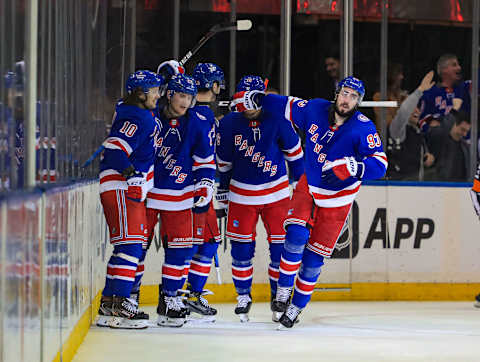 Feb 17, 2022; New York, New York, USA; New York Rangers center Mika Zibanejad (93) celebrates his goal against the Detroit Red Wings during the third period at Madison Square Garden. Mandatory Credit: Danny Wild-USA TODAY Sports