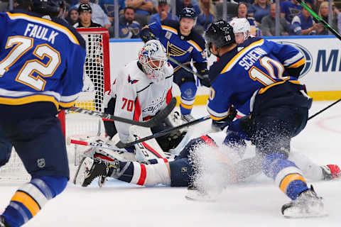 ST LOUIS, MO – OCTOBER 02: Braden Holtby #70 of the Washington Capitals makes a save against the St. Louis Blues at Enterprise Center on October 2, 2019 in St Louis, Missouri. (Photo by Dilip Vishwanat/Getty Images)