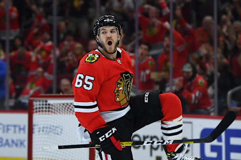 Andrew Shaw #65 of the Chicago Blackhawks. (Photo by Stacy Revere/Getty Images)