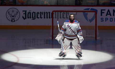 May 13, 2022; Pittsburgh, Pennsylvania, USA; New York Rangers goaltender Igor Shesterkin (31) stands for the national anthem against the Pittsburgh Penguins before game six of the first round of the 2022 Stanley Cup Playoffs at PPG Paints Arena. Mandatory Credit: Charles LeClaire-USA TODAY Sports