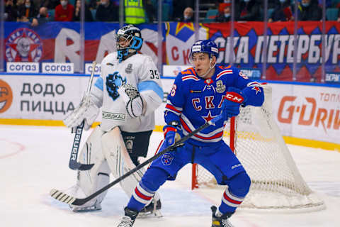 SAINT PETERSBURG, RUSSIA – 2022/03/02: SKA Hockey Club players, Andrei Kuzmenko (No.96) and Dinamo Minsk Hockey Club players Alexei Kolosov (No.35) in action during the Kontinental Hockey League, Gagarin Cup, KHL 2021/22 between SKA Saint Petersburg and Dinamo Minsk at the Ice Sports Palace.(Final score; SKA Saint Petersburg 8:3 Dinamo Minsk). (Photo by Maksim Konstantinov/SOPA Images/LightRocket via Getty Images)