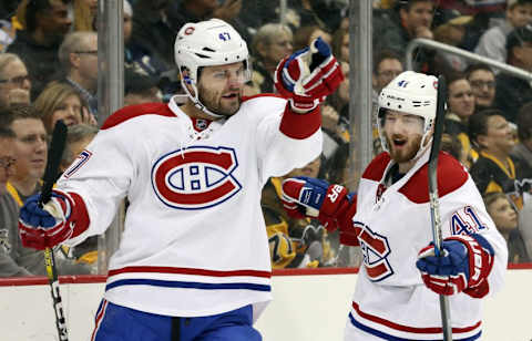 Dec 31, 2016; Pittsburgh, PA, USA; Montreal Canadiens right wing Alexander Radulov (47) and left wing Paul Byron (41) react after a goal by Radulov against the Pittsburgh Penguins during the first period at the PPG PAINTS Arena. Mandatory Credit: Charles LeClaire-USA TODAY Sports