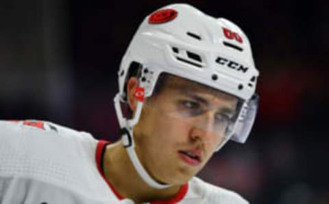 PHILADELPHIA, PA – NOVEMBER 05: Carolina Hurricanes Right Wing Teuvo Teravainen (86) looks on between plays in the second period during the game between the Carolina Hurricanes and Philadelphia Flyers on November 05, 2019 at Wells Fargo Center in Philadelphia, PA. (Photo by Kyle Ross/Icon Sportswire via Getty Images)