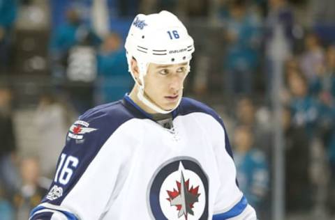 Jan 16, 2017; San Jose, CA, USA; Winnipeg Jets center Shawn Matthias (16) during the third period of the game against the San Jose Sharks at SAP Center at San Jose. The San Jose Sharks defeated the Winnipeg Jets 5-2. Mandatory Credit: Stan Szeto-USA TODAY Sports