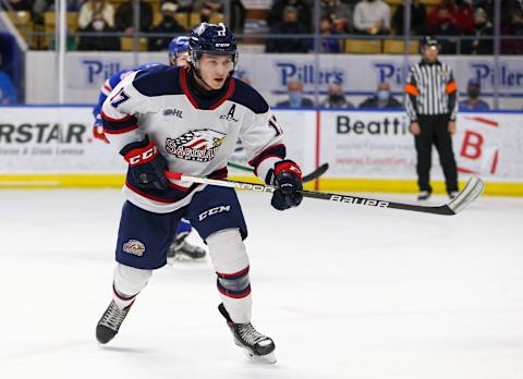 KITCHENER, ONTARIO – MARCH 04: Josh Bloom #17 of the Saginaw Spirit skates against the Kitchener Rangers at Kitchener Memorial Auditorium on March 04, 2022 in Kitchener, Ontario. (Photo by Chris Tanouye/Getty Images)