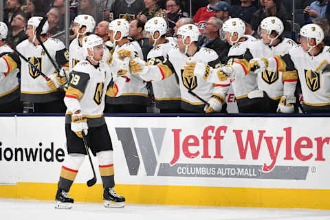 COLUMBUS, OH – NOVEMBER 5: Reilly Smith #19 of the Vegas Golden Knights high-fives his teammates after scoring a goal during the first period of a game against the Columbus Blue Jackets on November 5, 2019 at Nationwide Arena in Columbus, Ohio. (Photo by Jamie Sabau/NHLI via Getty Images)