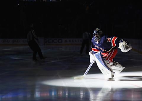 NEW YORK, NY – JANUARY 13: Henrik Lundqvist #30 of the New York Rangers skates out to face the Toronto Maple Leafs  . (Photo by Bruce Bennett/Getty Images)