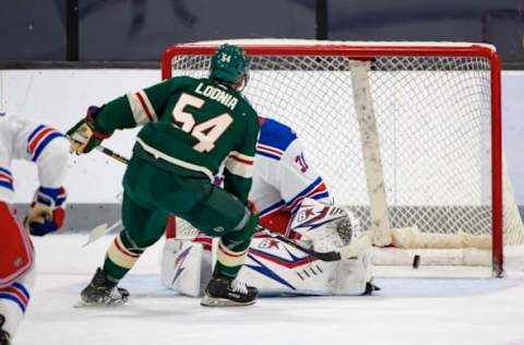 TRAVERSE CITY, MI – SEPTEMBER 09: Ivan Lodnia #54 of the Minnesota Wild scores a goal on Igor Shesterkin #31 of the New York Rangers during Day-4 of the NHL Prospects Tournament at Centre Ice Arena on September 9, 2019, in Traverse City, Michigan. (Photo by Dave Reginek/NHLI via Getty Images)