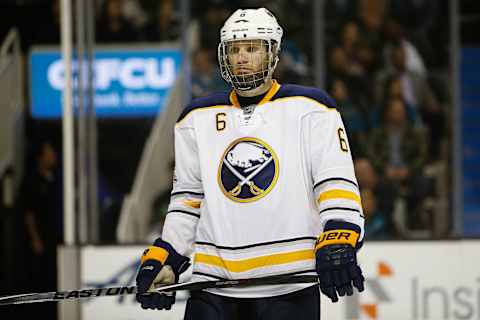 Mar 14, 2017; San Jose, CA, USA; Buffalo Sabres defenseman Cody Franson (6) prepares for the next play against the San Jose Sharks during the third period at SAP Center at San Jose. The San Jose Sharks defeated the Buffalo Sabres 4-1. Mandatory Credit: Stan Szeto-USA TODAY Sports