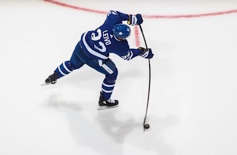 TORONTO, ON – OCTOBER 29: Josh Leivo #32 of the Toronto Maple Leafs shoots during warm up before facing the Calgary Flames at the Scotiabank Arena on October 29, 2018 in Toronto, Ontario, Canada. (Photo by Mark Blinch/NHLI via Getty Images)