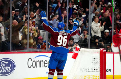 Feb 25, 2023; Denver, Colorado, USA; Colorado Avalanche right wing Mikko Rantanen (96) celebrates his goal in the second period against the Calgary Flames at Ball Arena. Mandatory Credit: Ron Chenoy-USA TODAY Sports