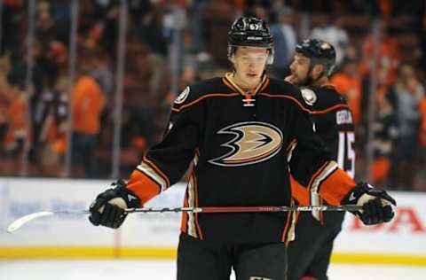 April 15, 2016; Anaheim, CA, USA; Anaheim Ducks center Rickard Rakell (67) reacts following the 3-2 loss against the Nashville Predators in game one of the first round of the 2016 Stanley Cup Playoffs at Honda Center. Mandatory Credit: Gary A. Vasquez-USA TODAY Sports