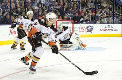 COLUMBUS, OH – DECEMBER 01: Anaheim Ducks left wing Kevin Roy (63) controls the puck during the third period in a game between the Columbus and the Anaheim Ducks on December 01, 2017, at Nationwide Arena in Columbus, OH.(Photo by Adam Lacy/Icon Sportswire via Getty Images)