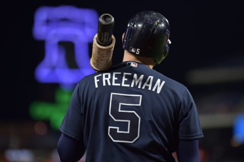 PHILADELPHIA, PA – SEPTEMBER 28: Atlanta Braves first baseman Freddie Freeman (5) looks on during the MLB game between the Atlanta Braves and the Philadelphia Phillies on September 28, 2018 at Citizens Bank Park in Philadelphia PA. (Photo by Gavin Baker/Icon Sportswire via Getty Images)