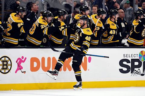 Nov 23, 2019; Boston, MA, USA; Boston Bruins center David Krejci (46) celebrates with his teammates after scoring the game-tying goal against the Minnesota Wild during the third period at the TD Garden. Mandatory Credit: Brian Fluharty-USA TODAY Sports