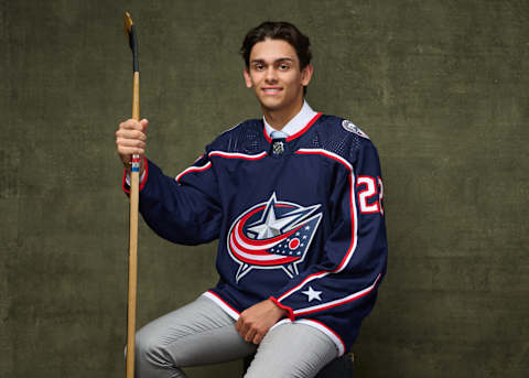 MONTREAL, QUEBEC – JULY 08: Luca Del Bel Belluz, #44 pick by the Columbus Blue Jackets, poses for a portrait during the 2022 Upper Deck NHL Draft at Bell Centre on July 08, 2022 in Montreal, Quebec, Canada. (Photo by Minas Panagiotakis/Getty Images)