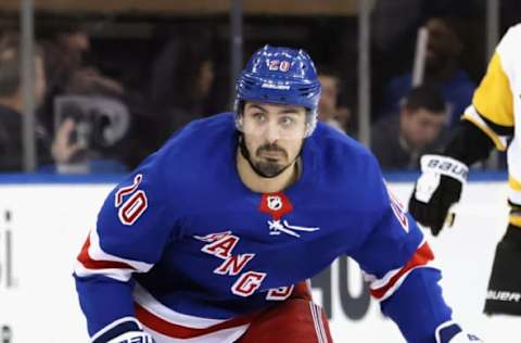 NEW YORK, NEW YORK – MARCH 16: Chris Kreider #20 of the New York Rangers skates against the Pittsburgh Penguins during the second period at Madison Square Garden on March 16, 2023, in New York City. (Photo by Bruce Bennett/Getty Images)