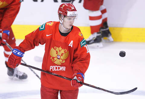 VANCOUVER , BC – JANUARY 4: Vitali Kravtsov #14 of Russia during warm up before playing the United States during a semi-final game at the IIHF World Junior Championships at Rogers Arena on January 4, 2019 in Vancouver, British Columbia, Canada. (Photo by Kevin Light/Getty Images)