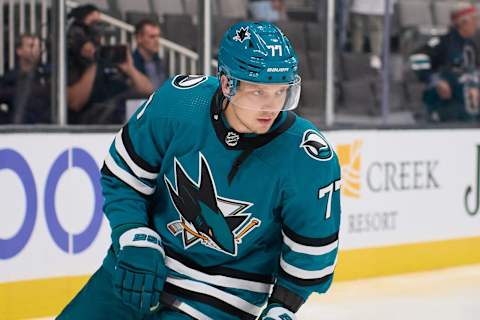 Sep 25, 2022; San Jose, California, USA; San Jose Sharks defenseman Markus Nutivaara (77) before the game against the Los Angeles Kings at SAP Center at San Jose. Mandatory Credit: Robert Edwards-USA TODAY Sports