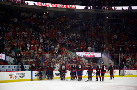 RALEIGH, NORTH CAROLINA – JUNE 08: The Carolina Hurricanes exit the ice following Game Five of the Second Round of the 2021 Stanley Cup Playoffs against the Tampa Bay Lightning at PNC Arena on June 08, 2021, in Raleigh, North Carolina. (Photo by Jared C. Tilton/Getty Images)