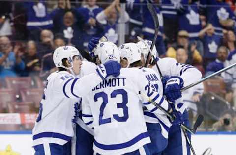 SUNRISE, FLORIDA – FEBRUARY 27: The Toronto Maple Leafs celebrate with Zach Hyman #11 of the Toronto Maple Leafs after he scored a goal against the Florida Panthers during the first period at BB&T Center on February 27, 2020 in Sunrise, Florida. (Photo by Michael Reaves/Getty Images)