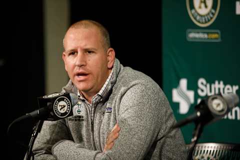 OAKLAND, CA – SEPTEMBER 05: Oakland A’s general manager David Forst speaks during a press conference on Oct. 5, 2018, at Oakland Coliseum in Oakland, Calif. (Dai Sugano/Digital First Media/The Mercury News via Getty Images)