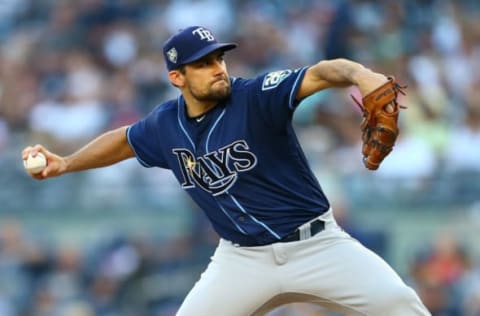 NEW YORK, NY – JUNE 15: Nathan Eovaldi #24 of the Tampa Bay Rays pitches in the first inning against the New York Yankees at Yankee Stadium on June 15, 2018 in the Bronx borough of New York City. (Photo by Mike Stobe/Getty Images)