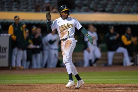 May 3, 2023; Oakland, California, USA; Oakland Athletics center fielder Esteury Ruiz (1) celebrates after scoring against the Seattle Mariners during the sixth inning at Oakland-Alameda County Coliseum. Mandatory Credit: Neville E. Guard-USA TODAY Sports