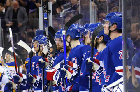 NEW YORK, NEW YORK – APRIL 10: The New York Rangers tap the boards during the game against the Buffalo Sabres at Madison Square Garden on April 10, 2023, in New York City. The Sabres defeated the Rangers 3-2 in the shootout. (Photo by Bruce Bennett/Getty Images)