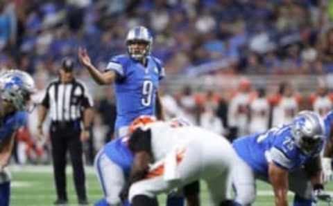 Aug 18, 2016; Detroit, MI, USA; Detroit Lions quarterback Matthew Stafford (9) makes adjustments before the snap against the Cincinnati Bengals during the first quarter at Ford Field. Mandatory Credit: Raj Mehta-USA TODAY Sports