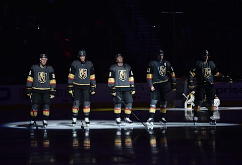 LAS VEGAS, NEVADA – OCTOBER 31: The Vegas Golden Knights stand at attention during the national anthem prior to a game against the Montreal Canadiens at T-Mobile Arena on October 31, 2019 in Las Vegas, Nevada. (Photo by David Becker/NHLI via Getty Images)