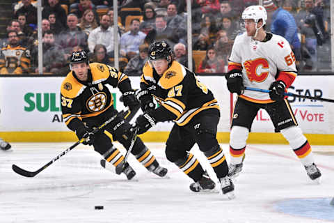 BOSTON, MA – JANUARY 03: Boston Bruins Defenceman Torey Krug (47) jumps on the loose puck in front of his teams net. During the Boston Bruins game against the Calgary Flames on January 03, 2019 at TD Garden in Boston, MA. (Photo by Michael Tureski/Icon Sportswire via Getty Images)