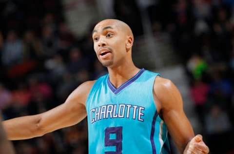 CLEVELAND, OH – JANUARY 23: Gerald Henderson #9 of the Charlotte Hornets reacts during the game against the Cleveland Cavaliers on January 23, 2015 at Quicken Loans Arena in Cleveland, Ohio. NOTE TO USER: User expressly acknowledges and agrees that, by downloading and or using this Photograph, user is consenting to the terms and condition of the Getty Images License Agreement. (Photo by Rocky Widner/Getty Images)