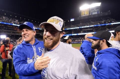 Nov 1, 2015; New York City, NY, USA; (EDITORS NOTE: caption correction) Kansas City Royals pitcher Greg Holland (right) celebrates with manager Ned Yost (left) after defeating the New York Mets in game five of the World Series at Citi Field. The Royals won the World Series four games to one. MLB Mandatory Credit: Robert Deutsch-USA TODAY Sports