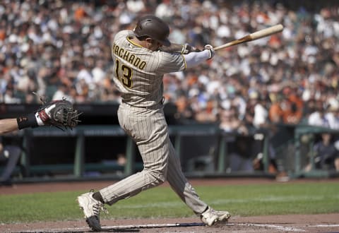 SAN FRANCISCO, CALIFORNIA – OCTOBER 02: Manny Machado #13 of the San Diego Padres bats against the San Francisco Giants in the top of the six inning at Oracle Park on October 02, 2021 in San Francisco, California. (Photo by Thearon W. Henderson/Getty Images)