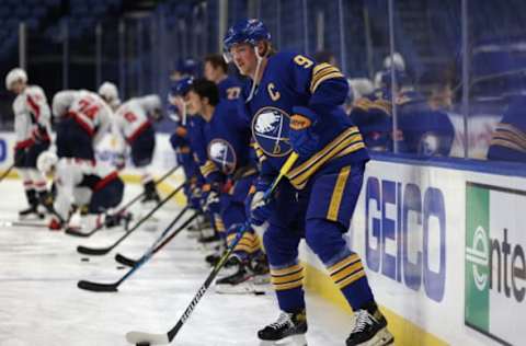 Jan 14, 2021; Buffalo, New York, USA; Buffalo Sabres center Jack Eichel (9) during warmups before a game against the Washington Capitals at KeyBank Center. Mandatory Credit: Timothy T. Ludwig-USA TODAY Sports