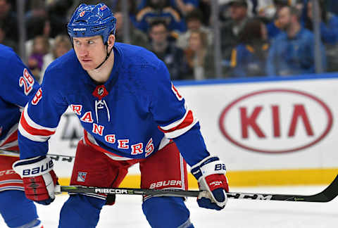 ST. LOUIS, MO – MARCH 17: New York Rangers leftwing Cody McLeod (8) during a NHL game between the New York Rangers and the St. Louis Blues on March 17, 2018, at Scottrade Center, St. Louis, MO. St. Louis beat New York in overtime, 4-3. (Photo by Keith Gillett/Icon Sportswire via Getty Images).