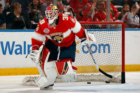 SUNRISE, FL – NOVEMBER 24: Goaltender Michael Hutchinson #39 of the Florida Panthers on the ice for warm ups prior to the start of the game against the Chicago Blackhawks at the BB&T Center on November 24, 2018 in Sunrise, Florida. (Photo by Eliot J. Schechter/NHLI via Getty Images)