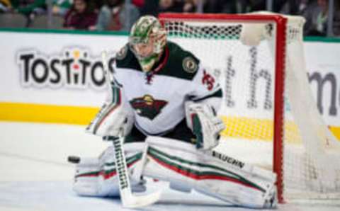 Jan 14, 2017; Dallas, TX, USA; Minnesota Wild goalie Darcy Kuemper (35) makes a save on a Dallas Stars shot during the first period at the American Airlines Center. Mandatory Credit: Jerome Miron-USA TODAY Sports