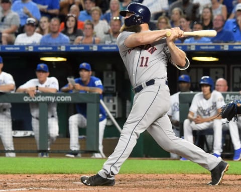 KANSAS CITY, MO – JUNE 15: Houston Astros designated hitter Evan Gattis (11) hits a grand slam in the sixth inning during a Major League Baseball game between the Houston Astros and the Kansas City Royals on June 15, 2018, at Kauffman Stadium, Kansas City, MO. Houston won 7-3. (Photo by Keith Gillett/Icon Sportswire via Getty Images)