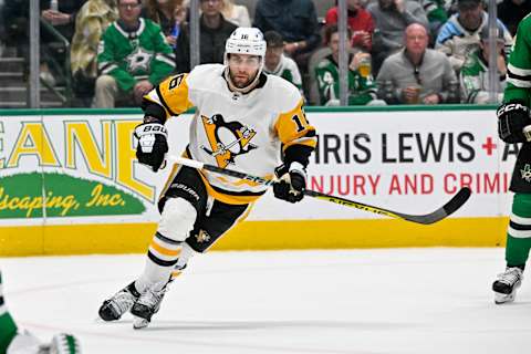 Mar 23, 2023; Dallas, Texas, USA; Pittsburgh Penguins left wing Jason Zucker (16) in action during the game between the Dallas Stars and the Pittsburgh Penguins at American Airlines Center. Mandatory Credit: Jerome Miron-USA TODAY Sports