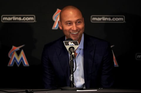 MIAMI, FL – OCTOBER 03: Miami Marlins CEO Derek Jeter speak with members of the media at Marlins Park on October 3, 2017 in Miami, Florida. (Photo by Mike Ehrmann/Getty Images)