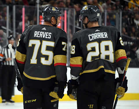 LAS VEGAS, NEVADA – MARCH 03: Ryan Reaves #75 and William Carrier #28 of the Vegas Golden Knights talk during a stop in play in the second period of their game against the New Jersey Devils at T-Mobile Arena on March 3, 2020 in Las Vegas, Nevada. The Golden Knights defeated the Devils 3-0. (Photo by Ethan Miller/Getty Images)