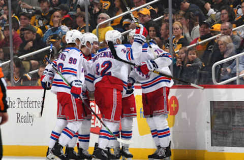 PITTSBURGH, PA – APRIL 06: Brady Skjei #76 of the New York Rangers celebrates his goal with teammates during the third period against the Pittsburgh Penguins at PPG Paints Arena on April 6, 2019 in Pittsburgh, Pennsylvania. (Photo by Joe Sargent/NHLI via Getty Images)