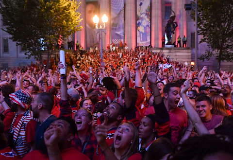 WASHINGTON, DC – JUNE 7: Washington Capitals fans react to a goal from the Capitals as they watch the Stanley Cup Final Game 5 outside Capital One Arena on June 7, 2018 in Washington, D.C. (Photo by Ricky Carioti/The Washington Post via Getty Images)